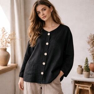 Vintage 90s Womens Linen Button Front Top Sz M Black Minimalist Lagenlook Boho